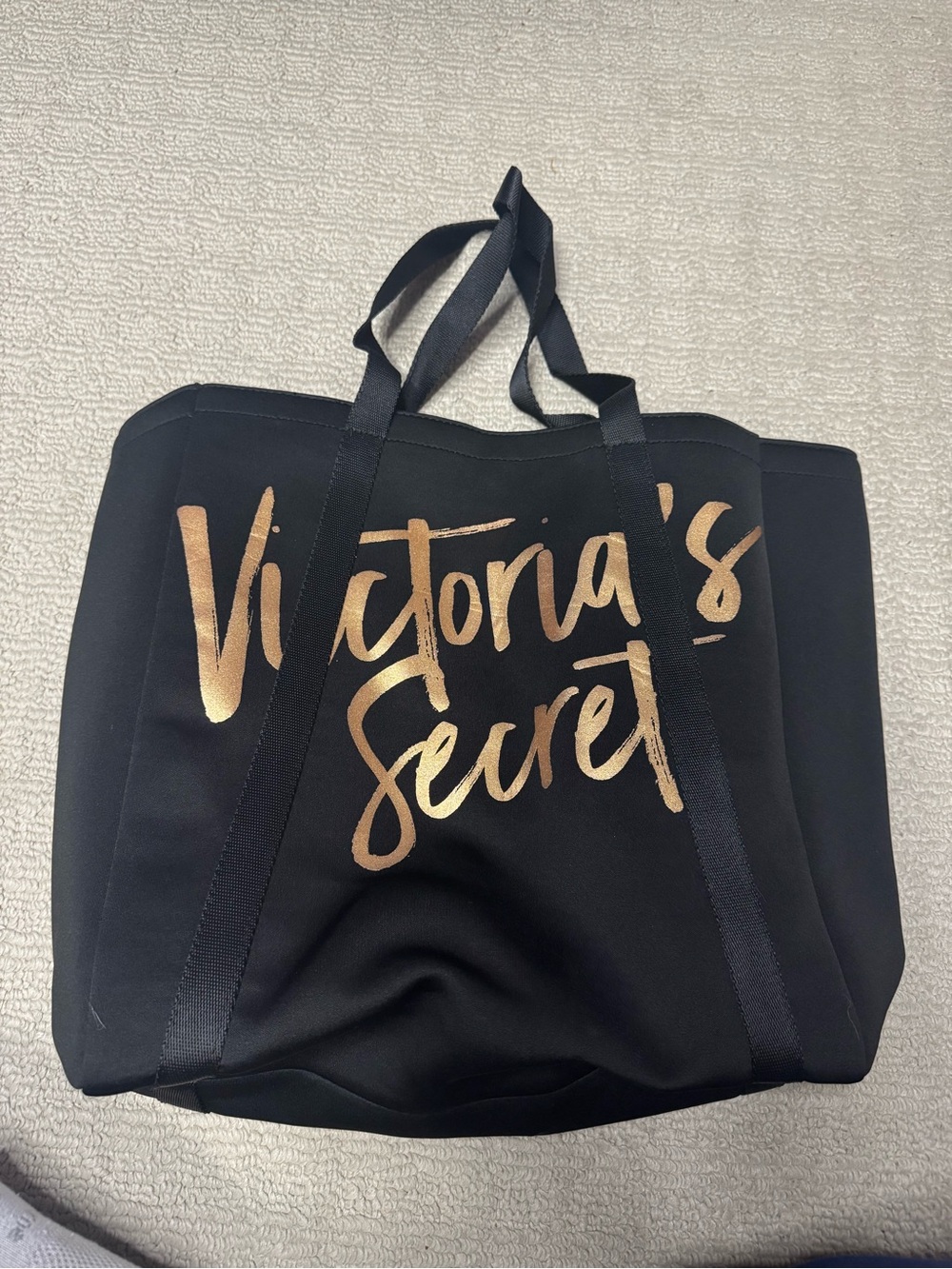 Victoria's Secret Black Tote with Metallic Gold Script Logo wine bottle holder